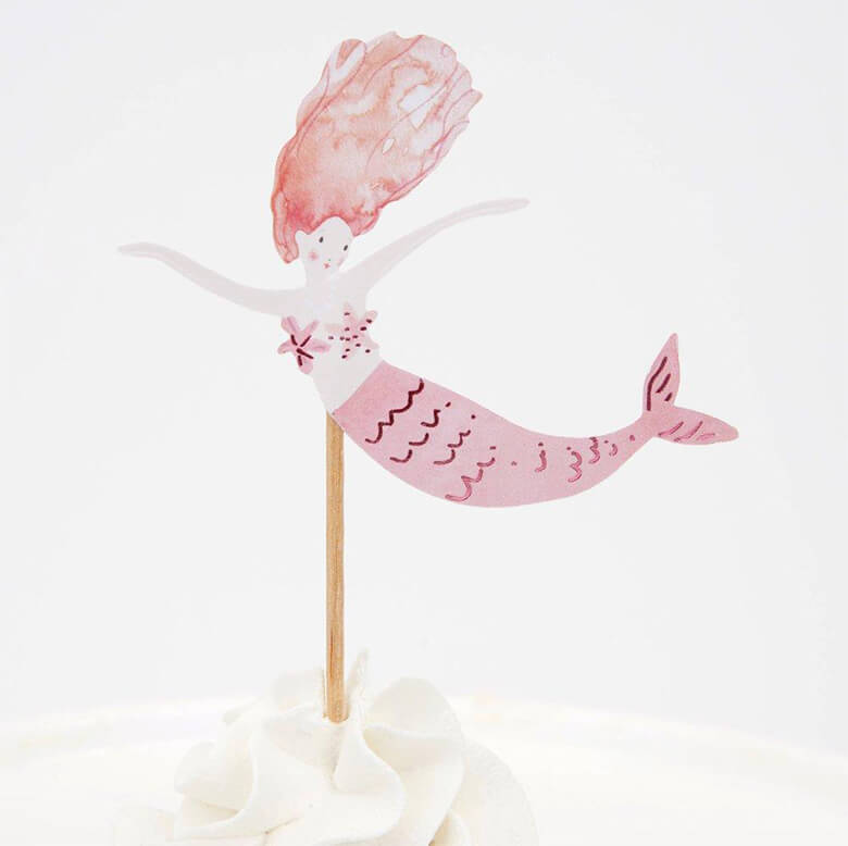Meri Meri Mermaid Cupcake Kit topper with a watercolor illustrated pink swimming mermaid design