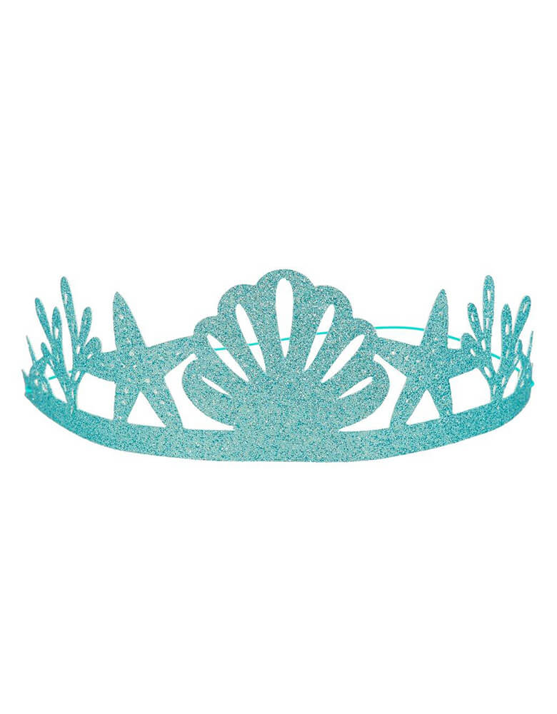 Meri Meri Aqua Blue Glittered Mermaid Party Crown. Featuring gorgeous designs of starfish, shells and sea plants, these crowns are crafted with lots of shimmering eco-friendly blue glitter for a dazzling effect for kid's mermaid or under the sea birthday party dress up