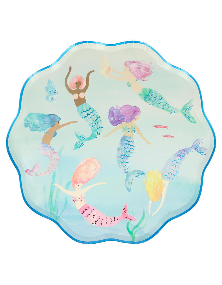 Meri Meri Mermaid Swimming Plates. Pack of 8. 10.5 x 10.5 inches. These high quality paper plates featuring 6 beautiful mermaids swimming in the sea, with lots of color and shimmering foil detail, and pink and blue foil detail for a stylish touch, They are crafted in a sensational shell-shaped design. These gorgeous shell-shaped plates will look amazing at a mermaid party or under-the-sea party.