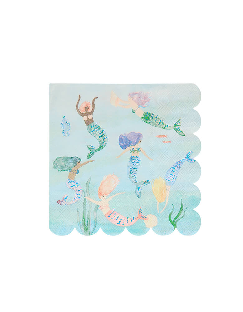 Meri meri Mermaid Swimming Napkins. Pack of 16, 6.5 x 6.5 inches. Made from eco-friendly paper. These napkins featuring 6 swimming mermaids in a modern watercolor illustration design, with a stylish scallop edge. The scallop edge adds a delightful touch Blue foil detail adds shimmer and shine. 