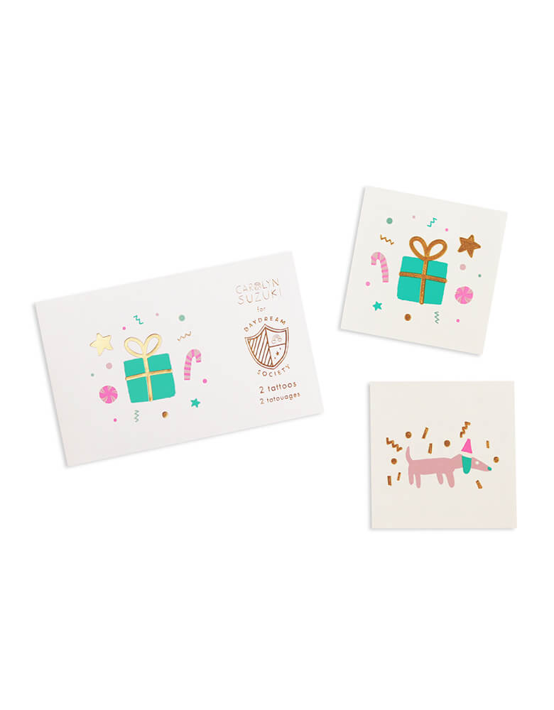 Daydream Society Merry and Bright Holiday Temporary Tattoos featuring Christmas gift box and cute dachshund designs