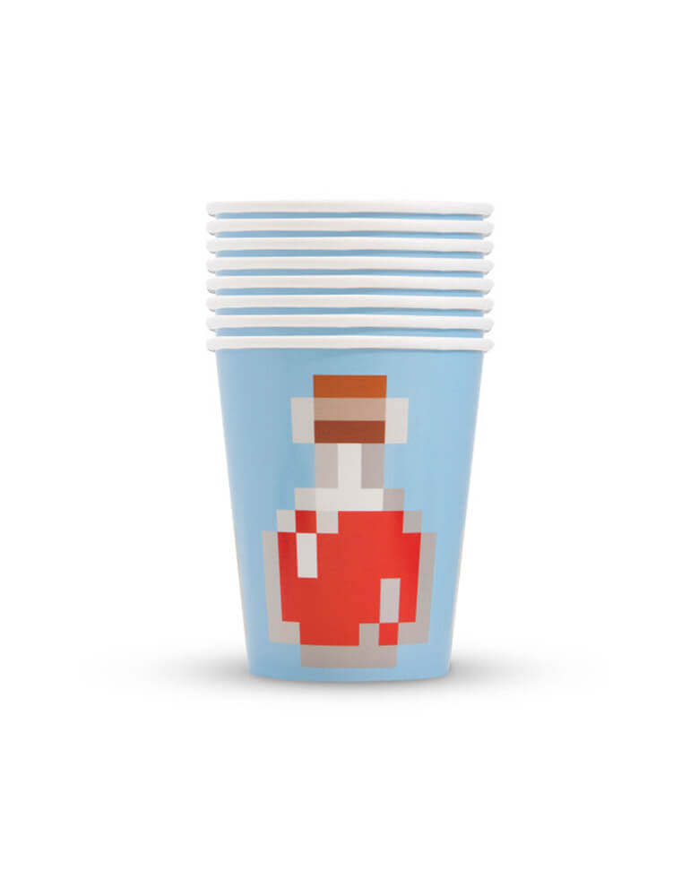 Minecraft Paper Party Cups by Unique Industries. Set of 8, feature an image of a potion bottle and are ideal for a wide variety of cold beverages