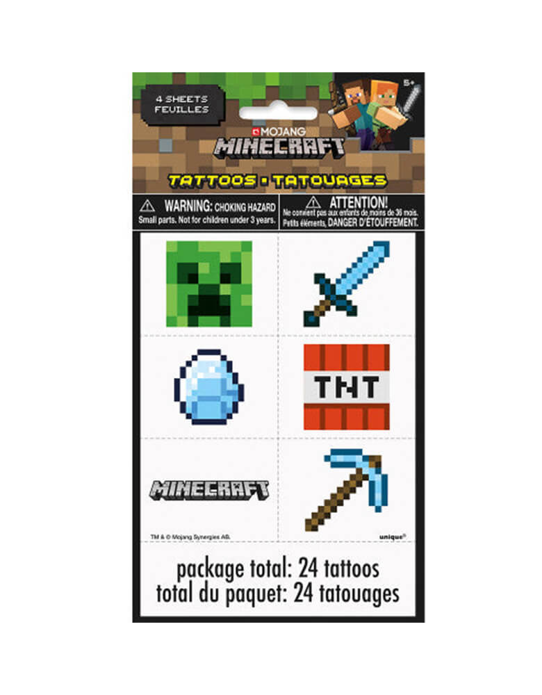 Minecraft Temporary Tattoos by Unique Industries. Minecraft tattoos feature designs of Creeper, sword, egg, TNT, Minecraft logo, and pickaxe and are easy to apply and remove! A great addition to slip into favor bags, gift bags or hand outs, temporary tattoos are always a huge hit at any party! Set of 24)