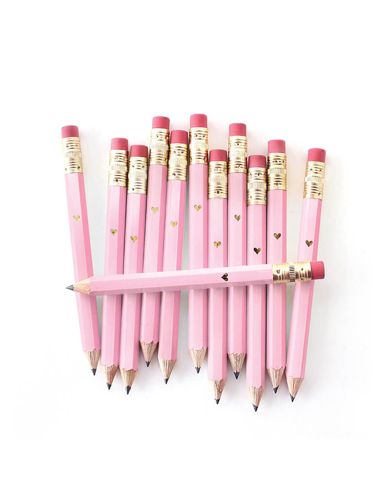 inklings Paperie, Pink Mini Pencils with Mini Gold Heart. Set of 12,This set of 12 sweet mini pencils comes foil-imprinted with a tiny gold heart. With a gold ferrule and classic pink eraser, pencils come pre-sharpened and are perfect for party games or favors.