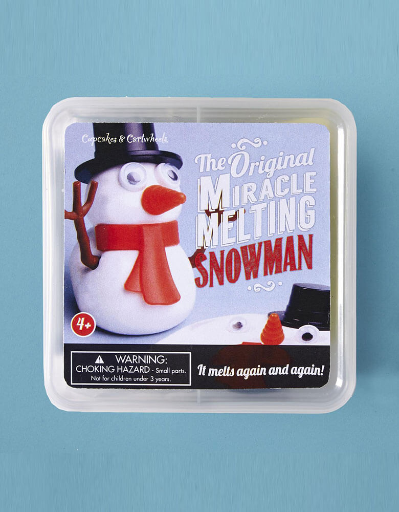 Gift box of Two's Company the original miracle melting snowman, Comes with a variety of different parts, this snowman will melt slowly over a number of hours. Build him up and watch him melt again and again! It's a perfect stocking stuffer for your little one this season!