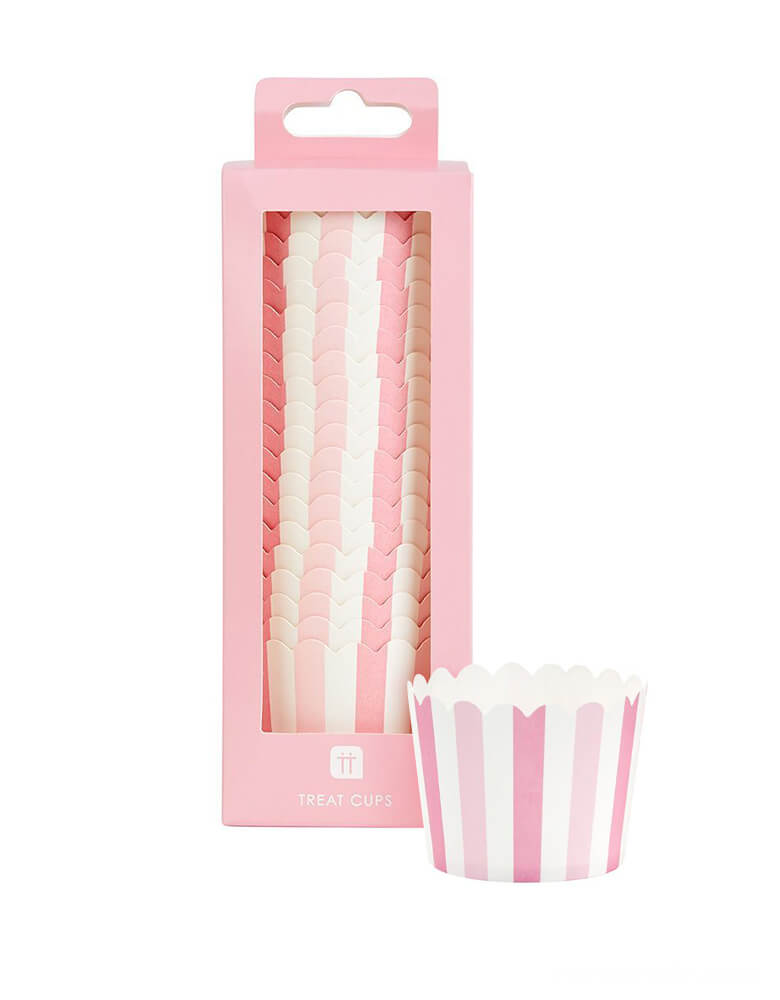 Talking Tables - Mix & Match Pink Treat Cups. Pack of 20 in pastel pink stripe design. These Retro pink stripy treat cups are perfect for baking, sweets, ice-cream, desserts and much more. These cups can go in the oven to bake cupcakes and treats!