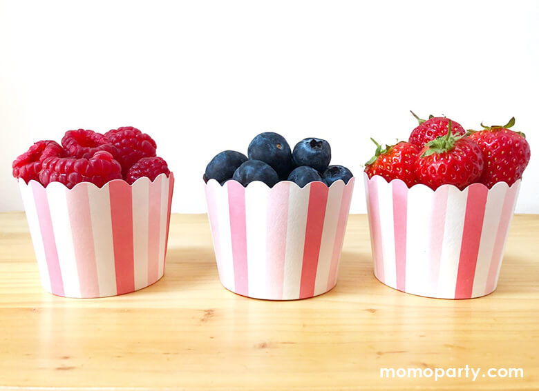 Talking Tables - Mix & Match Pastel Pink stripe Treat Cups filled with blueberries, strawberries, and raspberries
