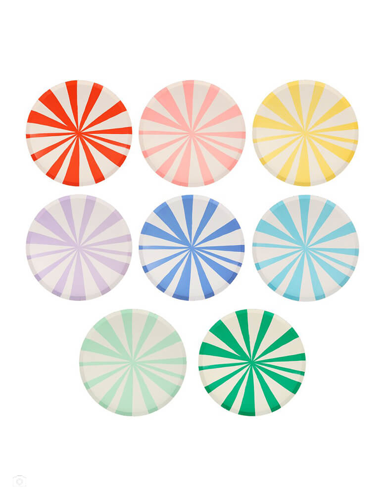Mixed Stripe Side Plates by Meri Meri. These sensational round side plates feature 8 different stripes of color for a decorative effect. Stripes are a delightful way to add lots of color and style to any party table.