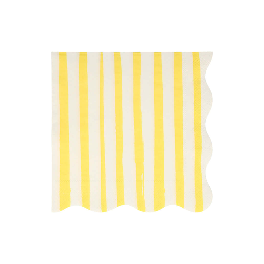Yellow Stripe Large Napkins by Meri Meri. Made from eco-friendly paper. These wonderful large yellow stripe napkins with scalloped edges. These modern party napkins will add lots of color and style to any party table