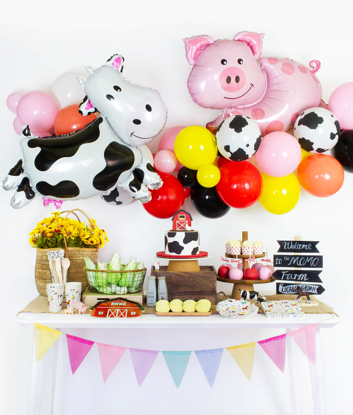 Momo Party Dessert table set up and wall decoration inspiration for Barn yard, Farm, Animals Birthday Party, kids 1st birthday party
