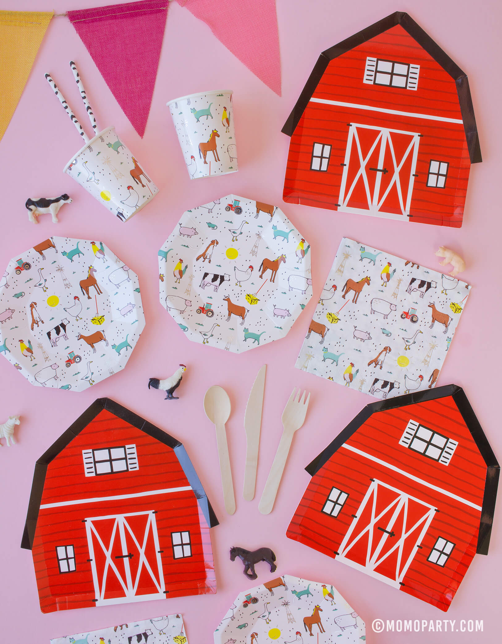 kids Party tablewares of Barnyard plates, farm animal plates, cups, and colorful bunting garland, for Barnyard, Farm themed Kid birthday party