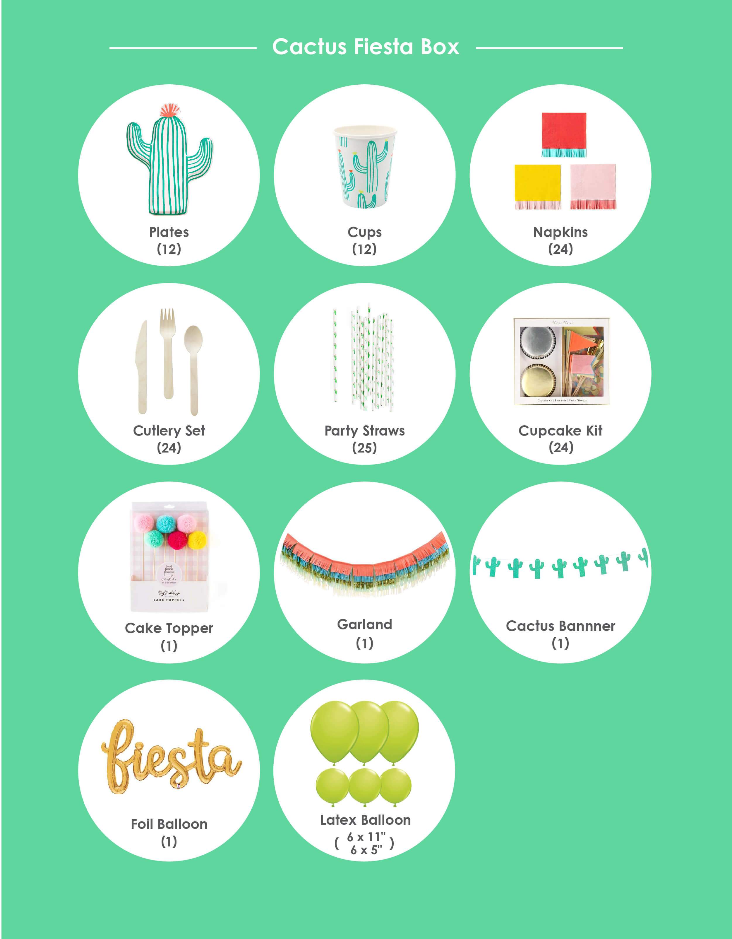 Momo party box item list for Cactus Fiesta themed Morden Party