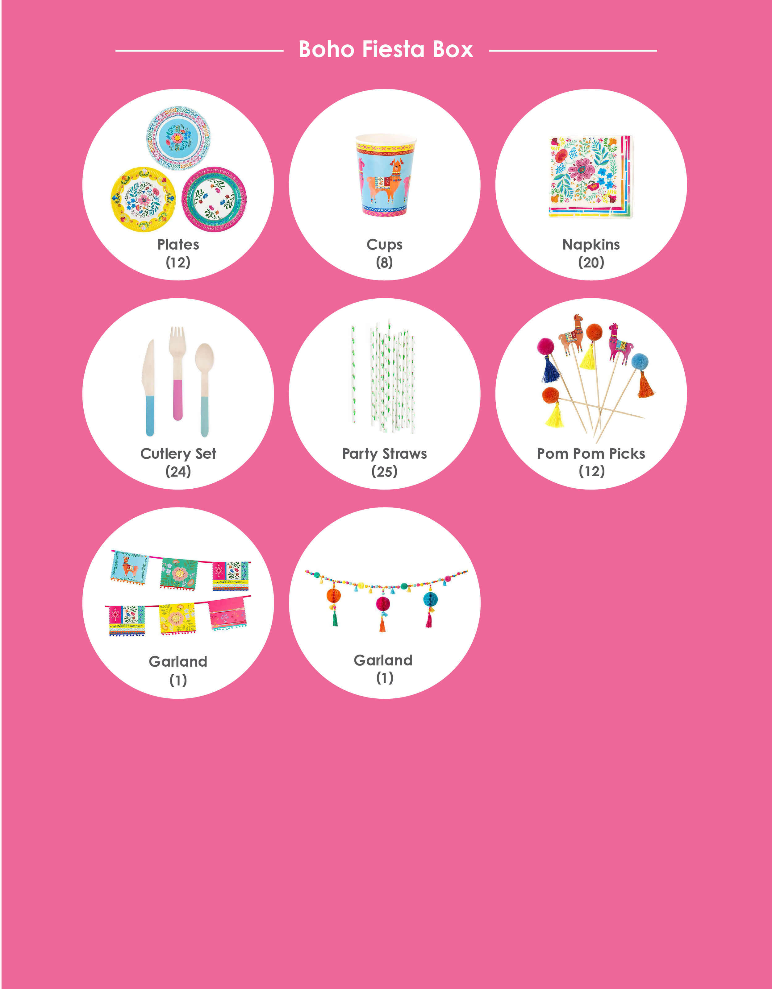 Party product item list of Momo party Boho Fiesta Party in a Box, Party supplies for Modern Mexican Fiesta themed birthday party, Cinco de mayo Celebration