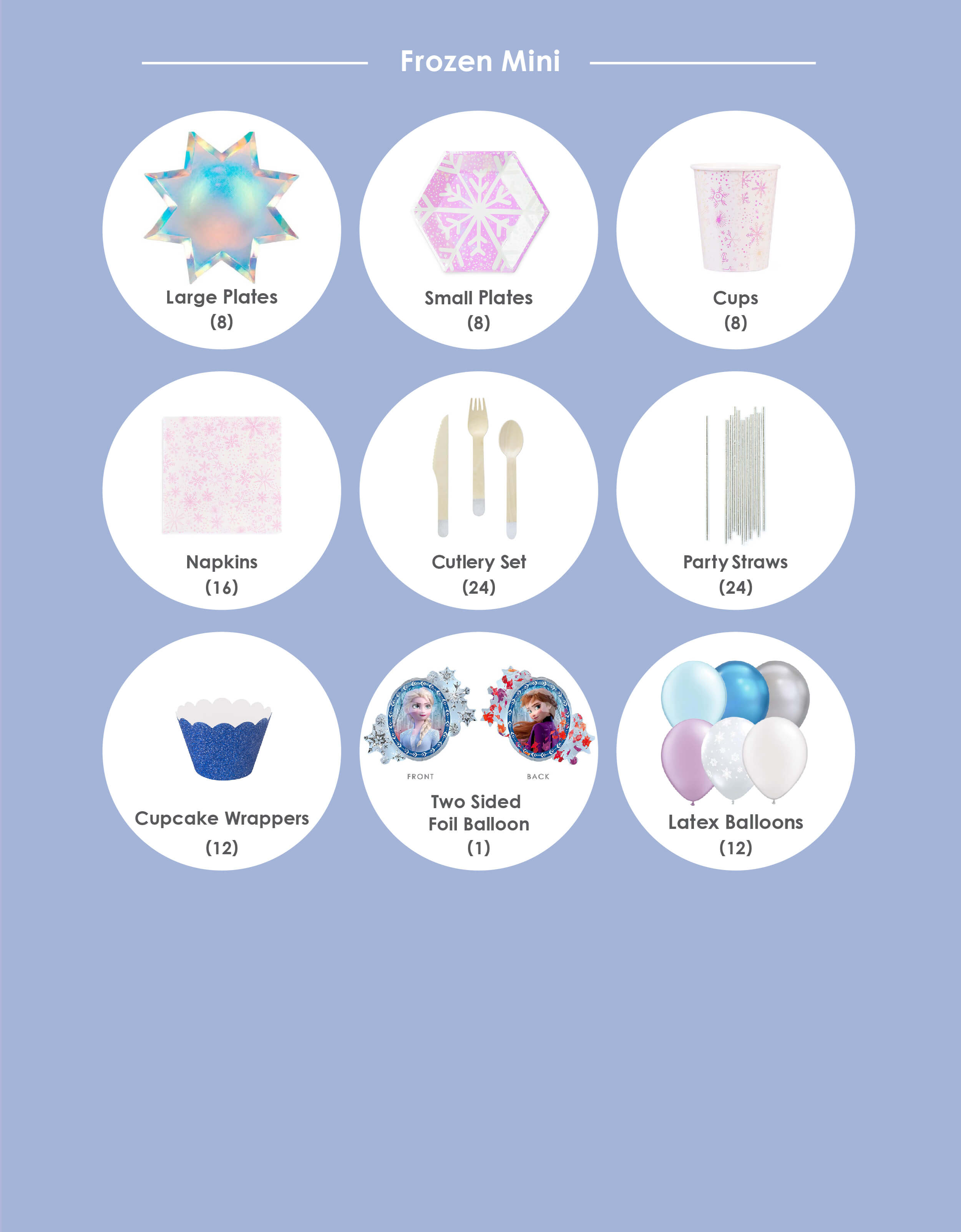 Momo Party Frozen Box, Mini party box Party Supplies items: Shining Star Large Plates (8 plates), Frosted Small Plates (8 plates), Frosted Cups (8 cups), Frosted Napkins (16 napkins), Silver Wooden Cutlery Set (8 forks, 8 knives and 8 spoons), Silver Party Straws (24 straws), Glitter Ice Blue Cupcake Wrappers, Disney Frozen 2 Elsa Anna Two Sided Foil Balloon, Frozen Latex Balloon Mix. Simple DIY party box for a Frozen party, Frozen 2 party, Girls Frozen birthday, frozen winter wonderland party
