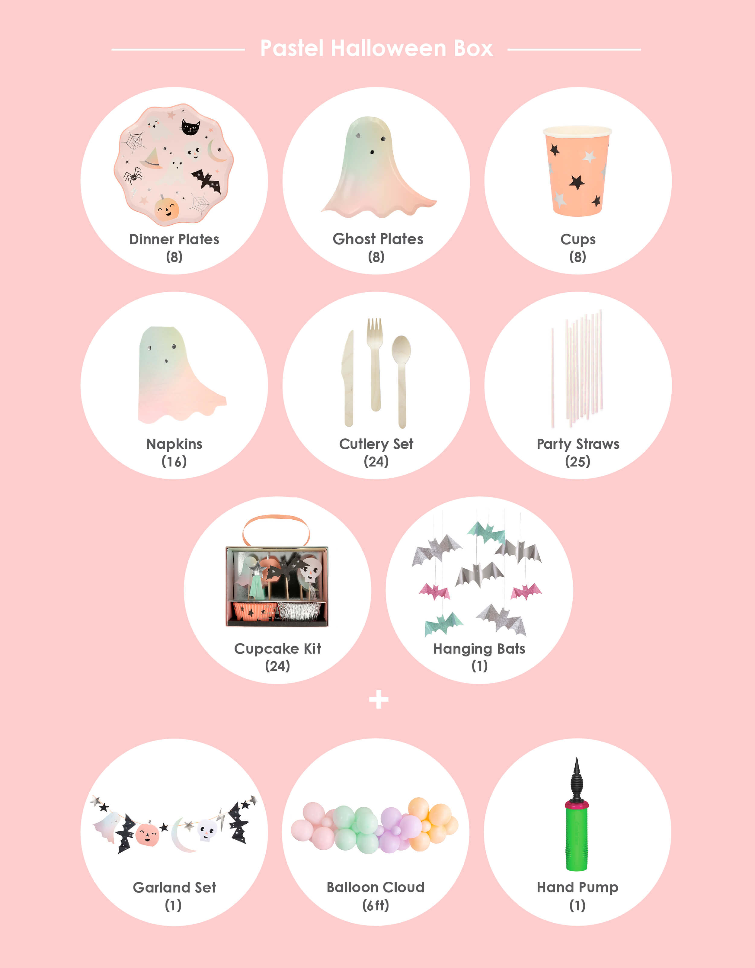 Momo Party Pastel Halloween Box Kit. box included Meri Meri Pastel Halloween Dinner Plates, Pastel Ombre Halloween Ghost Plates, Pastel Halloween Star Pattern Cups, Pastel Ombre Halloween Ghost Napkins, Wooden Cutlery set, Iridescent Party Straws, Pastel Halloween Cupcake Kit with 24 toppers, Pastel Halloween Glitter Hanging Bats, Pastel Halloween Garland and a 6 ft Pastel Balloon Cloud, hand and pump for a easy diy halloween party set up