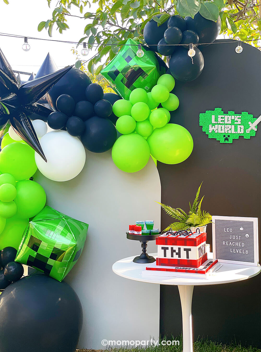 Minecraft themed Birthday Party Ideas by Momo Party. Featuring modern party Backdrop with minecraft themed color balloons in green, black, white, and creeper foil balloon, black starburst foil balloon. And TNT cake on the white round dessert table.