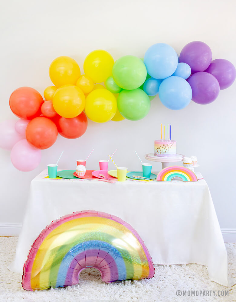 Momo party in a box, Rainbow Morden Party tablewares, Party Supplies, Party inspiration, box included Oh happy Day Large Rainbow Plate Set, Oh happy day Rainbow Plates, Rainbow Cup Set, My minds Eye's Hip Hip Hooray Fringe Small Napkins, Hyper Tropical Wooden Cutlery Set, Mixed Pastel Striped Straws, Holographic Pastel Glitter Rainbow Foil Balloon, Mixed Rainbow colored Balloon Garland, for kids Rainbow themed birthday party, Pride Party
