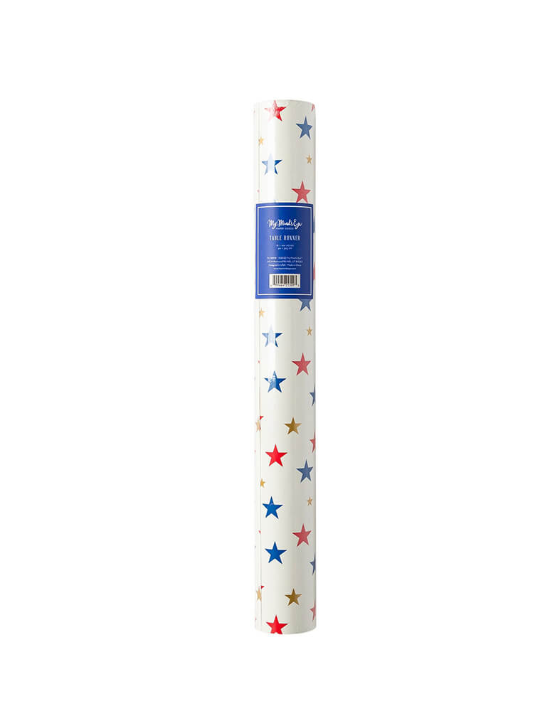 Multi Stars Paper Table Runner by My Mind's Eye. Featuring red, blue and gold star pattern over a cream paper table runner, A fun festive backdrop for all of your patriotic or superhero themed parties!