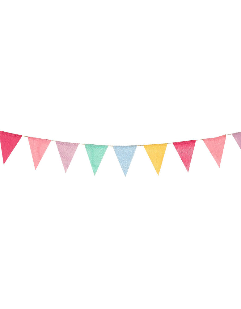Multicolor Bunting linen Banner with in 12 flags with 6 cheerful colors including mint, blue, yellow, rose, pink and purple for baby shower, barnyard, circus party wall decorations