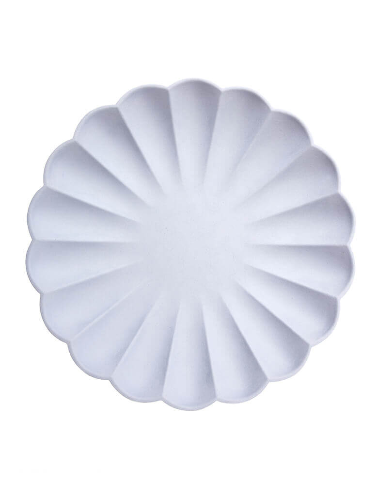 Meri Meri Multi color Simply Eco Large Plates - Pale Blue. Pack of 8, made from natural materials. Crafted from pulp made from bamboo, wood fiber and sugarcane which is then dyed using water-based inks. They have a beautiful molded design with a stylish scalloped edge.