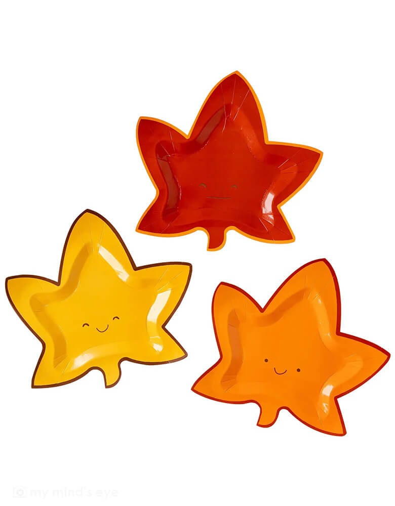 My Mind's Eye Harvest Cute Leaf Shaped Plates with smiley face on them in 3 different colors/designs of red, orange and yellow
