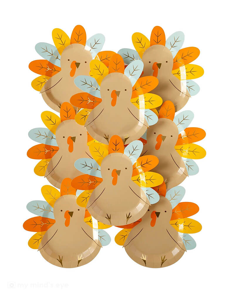 A set of 8 My Mind's Eye 11.5" Harvest Turkey Plates, Shaped like a turkey, these party plates are perfect for a Thanksgiving feast for kids and kids at heart, and with gold accents these party plates will shine to your harvest gatherings.