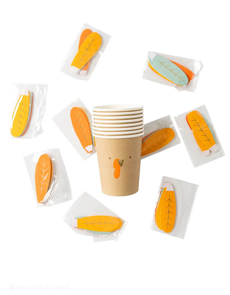 My Mind's Eye 8 oz Turkey Party Cups, Designed to look like a cute turkey with a festive tail feather die cut and gold foil accents, your guests will be thankful that you choose these party cups for your Thanksgiving gathering.