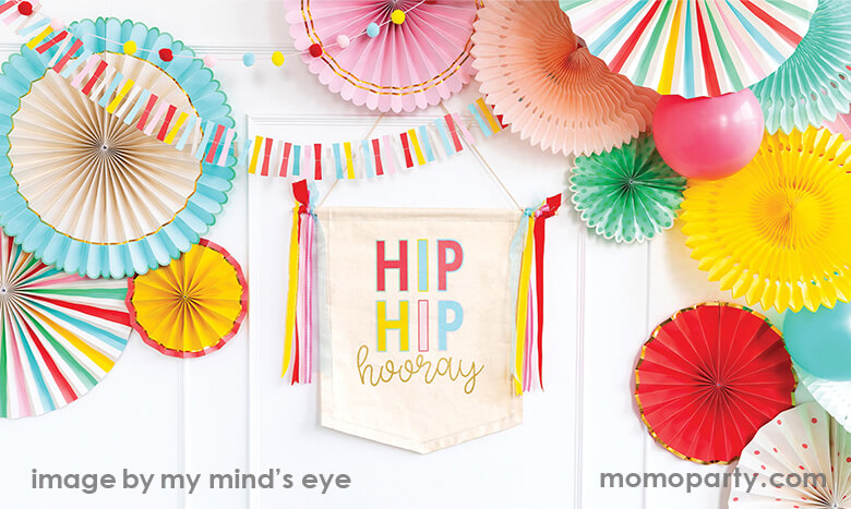 Hip Hip Hooray Paper Fans  with  a Hip hop Hooray wall decor
