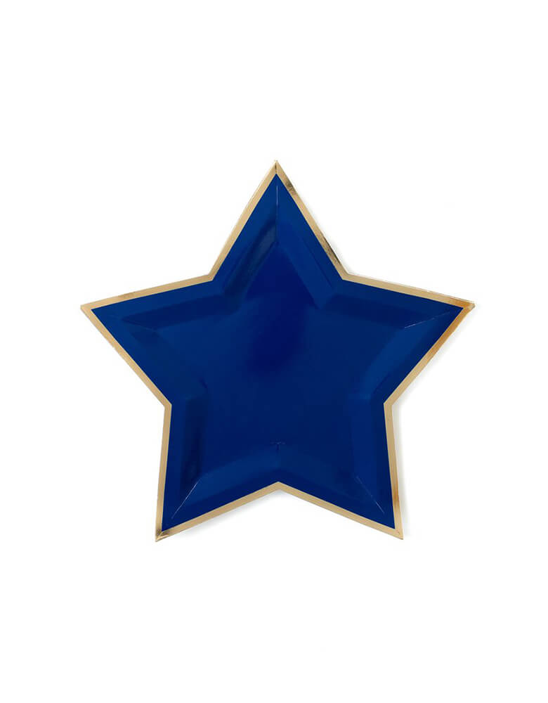 My Minds Eye - 9 inch Blue Star Shaped Gold Foiled Paper Plates. Featuring a star die-cup shape, in a bright Navy blue color with gold foil details. Pair them with our matching Red and white star plates for festive 4th of July celebration. or superhero party 