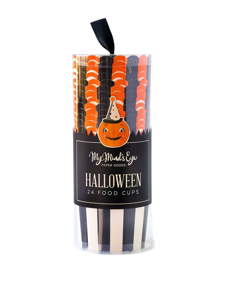 My Minds Eye - Vintage Halloween Food Cups in the clear tube package with halloween sticker on it. Pack of 24 with classic black and white strip and orange edge design. Make spooky creepy crawlers feel at home with these frightful baking cups! they are food and freezer safe and can be used to bake goodies up to 375º
