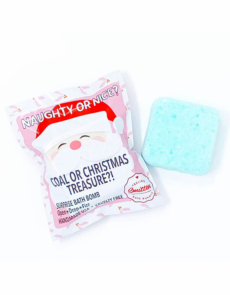 Feeling Smitten - Naughty or Nice Santa Surprise Bag Bath Blast. Add a SURPRISE to your tub with this naughty or nice Santa blind bag featuring a Christmas treasure or lump of coal (hematite tumbled stone) 