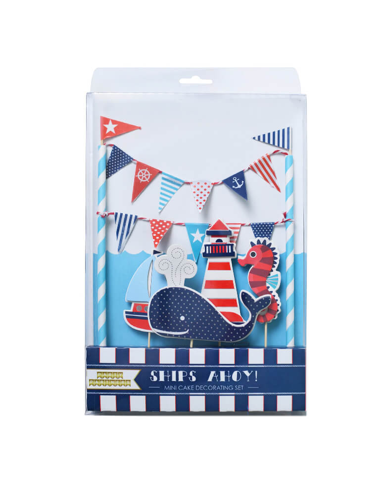 Party Partner - Ships Ahoy Cake Toppers, Set of 5 design, Featuring whale, sailboat, seahorse, lighthouse designs in navy blue/. 1st birthday party,  baby boy shower. Sea themed birthday party, Nautical birthday party