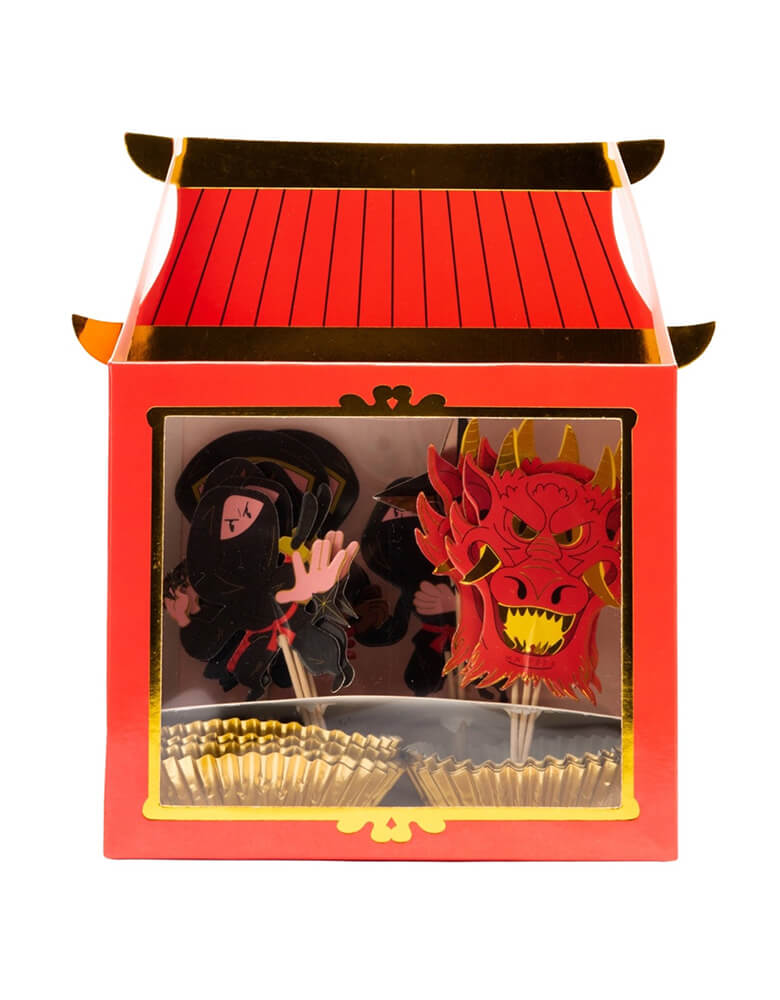 Momo Party's Ninja Cupcake Kit by Ma Fête. Set of 16 toppers, featuring Ninjas, Dragon head, ninja darts designs in a Red Temple shaped box package . The toppers include gold foil details to give cupcakes an eye-catching finish. They are perfect for a Ninja themed birthday party