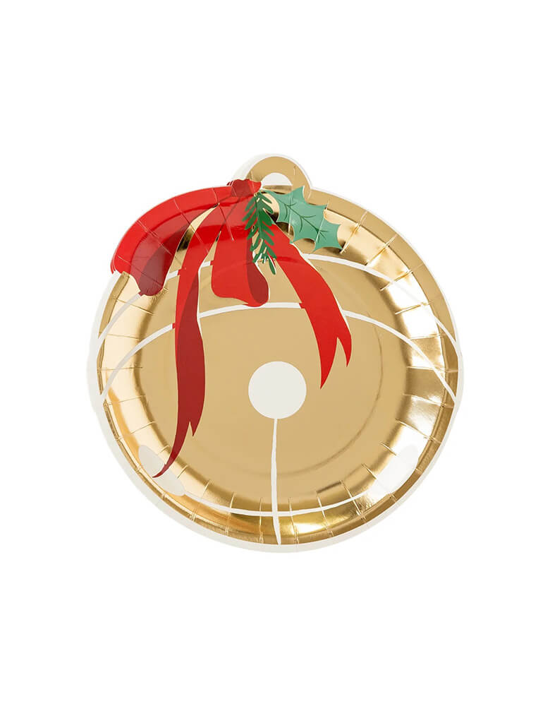Momo Party's 7 inch jingle bell shaped plates, set of 8 by My Mind's Eye. In a beautiful foil accent with a festive holly design, they are perfect your Holiday table this year! At 7 inches these party plates are the perfect side plate for a set down Christmas dinner on train expedition heading to the North Pole. Or the ideal size to hold all of your Christmas goodies that you plan to pair with a warm cup of cocoa. Featuring gold foil accents these jingle bell plates will add a twinkle to your guests' eyes.