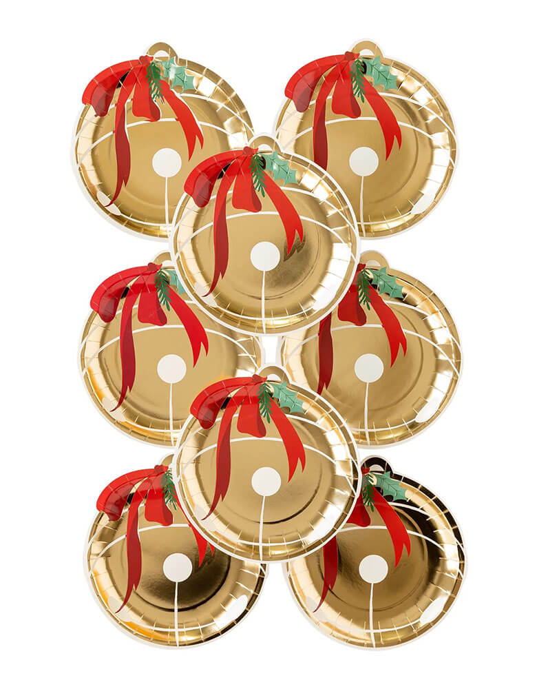 Momo Party's 7 inch jingle bell shaped plates, set of 8 by My Mind's Eye. In a beautiful foil accent with a festive holly design, they are perfect your Holiday table this year! At 7 inches these party plates are the perfect side plate for a set down Christmas dinner on train expedition heading to the North Pole. Or the ideal size to hold all of your Christmas goodies that you plan to pair with a warm cup of cocoa. Featuring gold foil accents these jingle bell plates will add a twinkle to your guests' eyes.