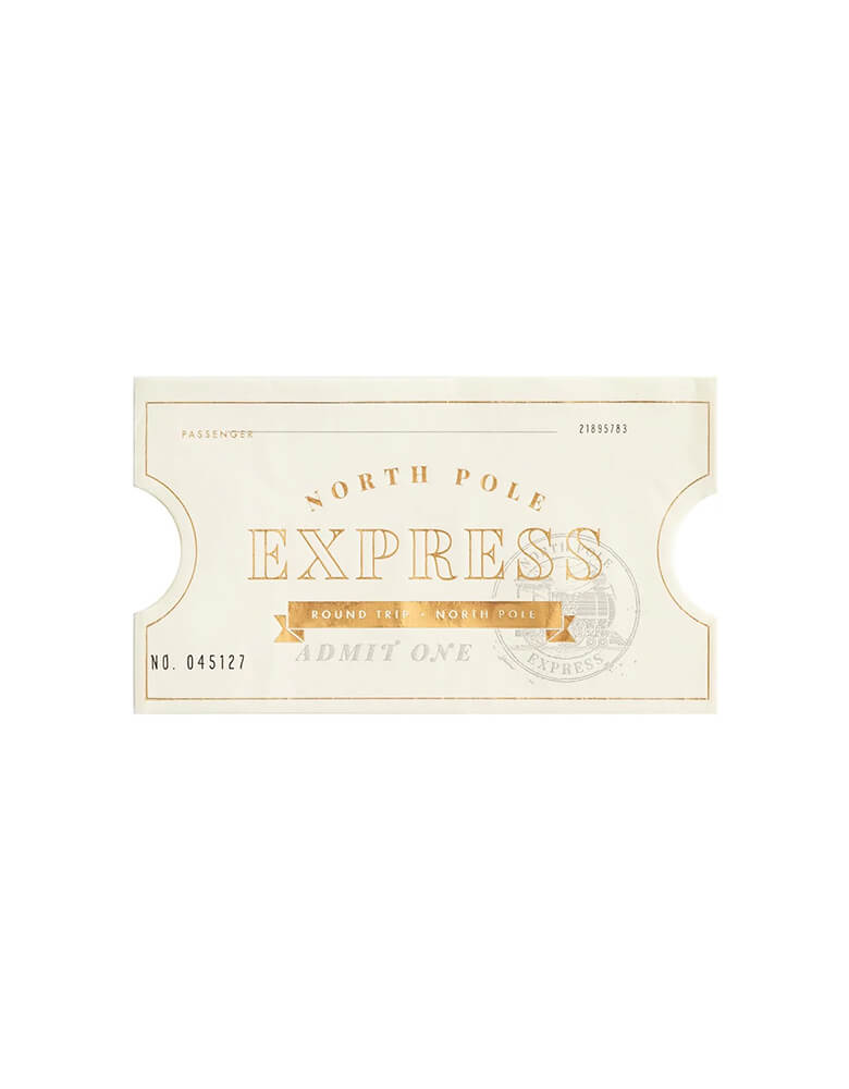Momo Party's 7.75 x 4.75 North Pole Express ticket shaped guest napkins by My Mind's Eye, a perfect addition to a kid's Polar Express themed holiday party. Die cut to look like a festive Holiday train ticket, these party napkins will add a touch of Christmas magic your party table this year.