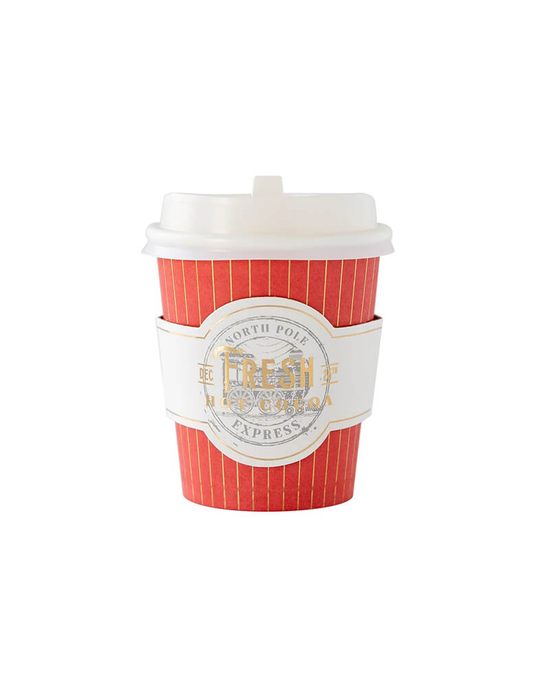 Momo Party's 8 oz North Pole Express cozy to-go cups in red and gold accents by My Mind's Eye. These train inspired cozy cups are perfect for your favorite warm beverage, these cups with gold accented paper sleeves are just what cocoa bar at a Christmas party inspired by your favorite Holiday tale needs. Or stay warm on chill winter nights full of carols and outdoor Christmas fun with these cozy cocoa cups.
