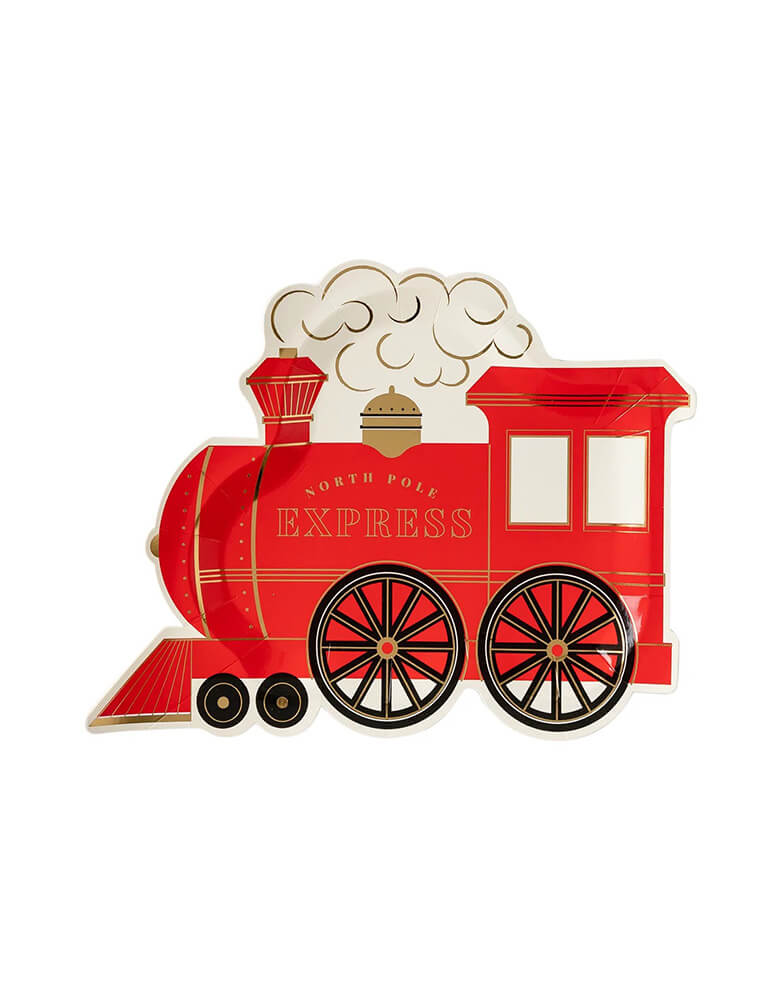 Momo Party's north pole express train shaped plate in the classic red and black color with gold foil accents, it's perfect for kid's christmas themed birthday partry