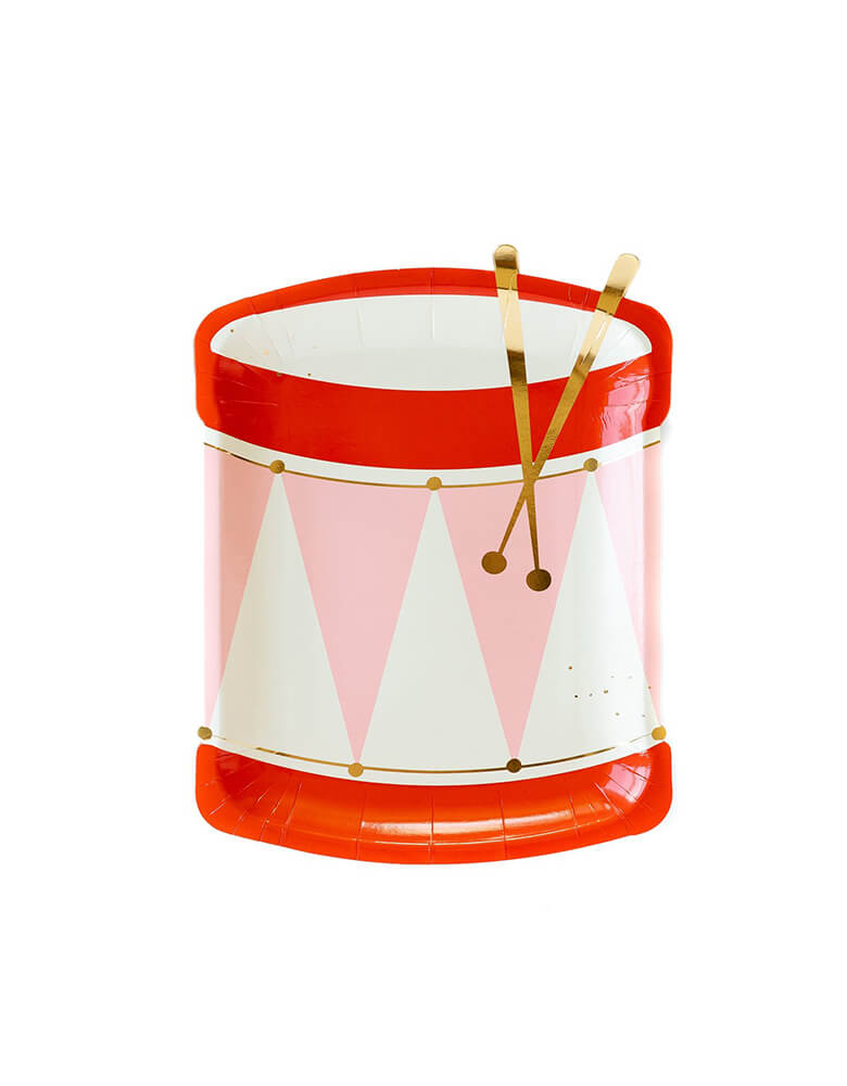 My Mind's Eye - Nutcracker Drum Shaped Plates (Set of 8). A whimsical Christmas mood will be at your table with these drum shaped plates in pink and red. With gold foil accents, these drum die cup shaped plates are a magical finishing touch for your Nutcracker themed party. Pair these with our Nutcracker dinner napkins and cups to create a merry Holiday gathering that will have your guests in a festive mood!