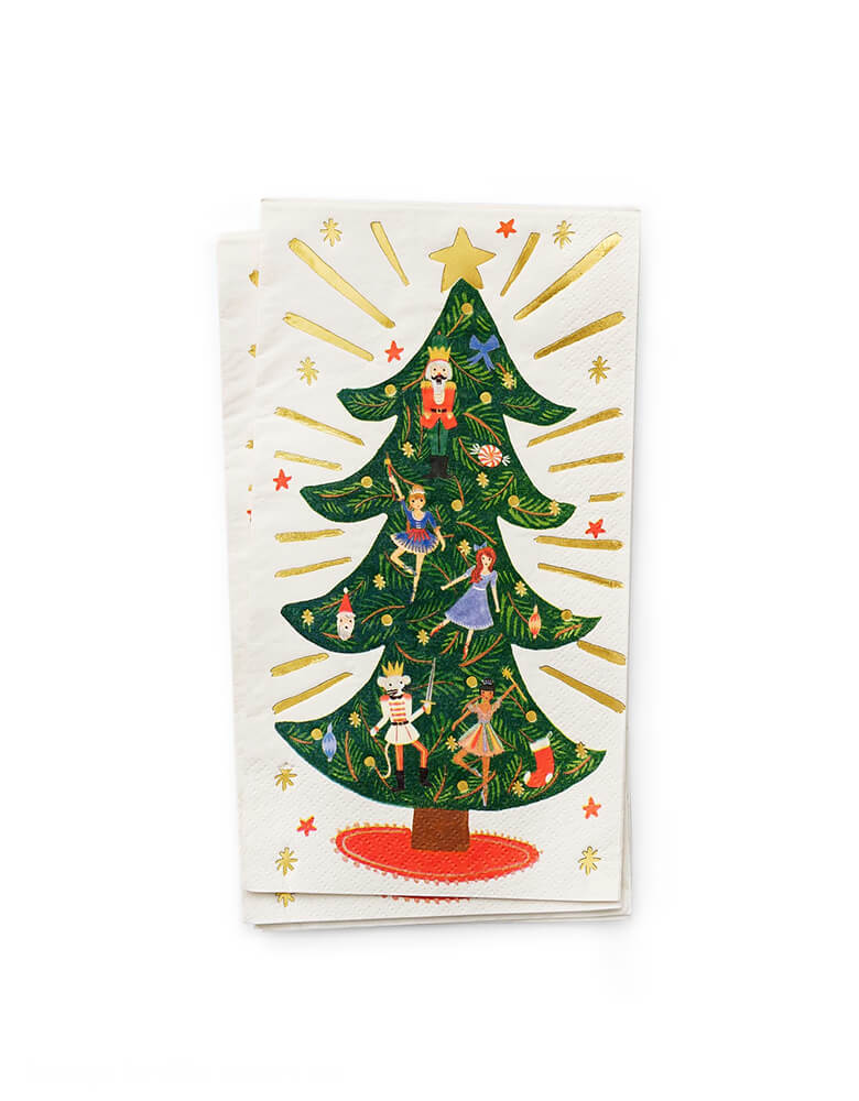 Rifle Paper Co - Nutcracker Guest Napkins. featuring the larger-than-life tree from the Nutcracker ballet, a few of your favorite characters and gold foil accents for an extra-special touch of your christmas party