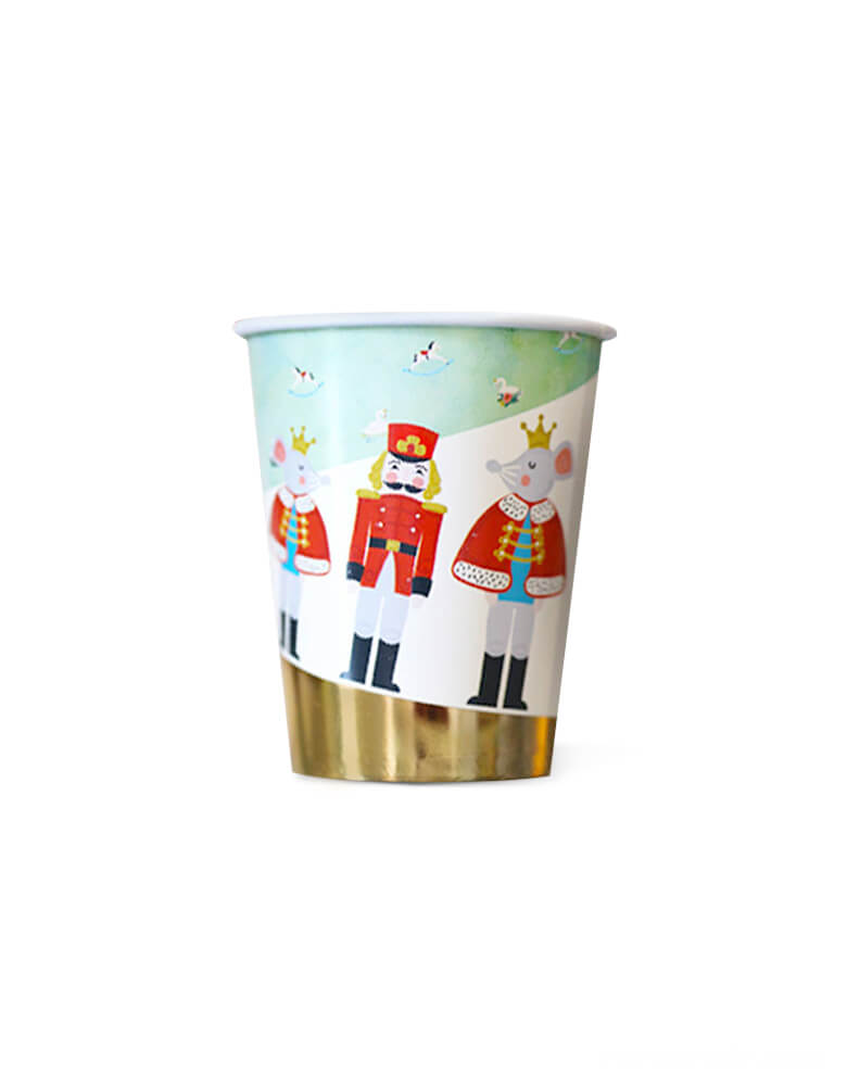 Crated party, Nutcracker Holiday Party cup, featuring whimsical designs of the Nutcracker, Mouse Kings with beautiful hand-illustrated and gold foil details. cute special party supplies to set a scene worthy of a standing ovation for your kids christmas party, Nutcracker christmas party, holiday celebration