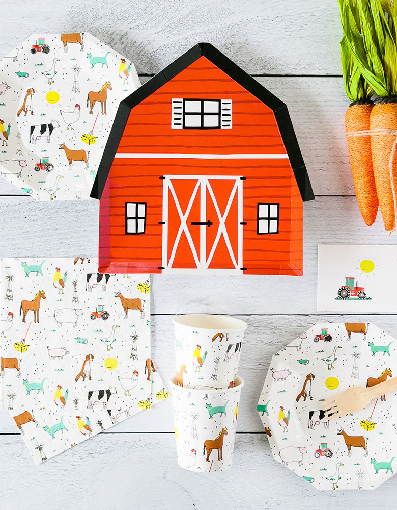 Kids Barnyard Farm Party Tableware with Day Dream Society On The FARM animals Party Plates, Barnyard house plates, Farm animlas Napkins, and Cups, Tattoos, and carrot toys