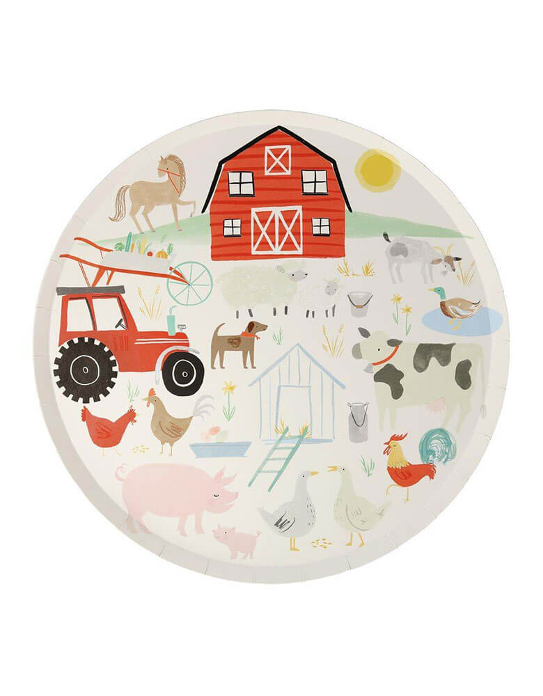 Meri Meri On the Farm 10.25" Dinner Plates featuring illustrations of farmyard scene including farmhouse, tractor and farm animals