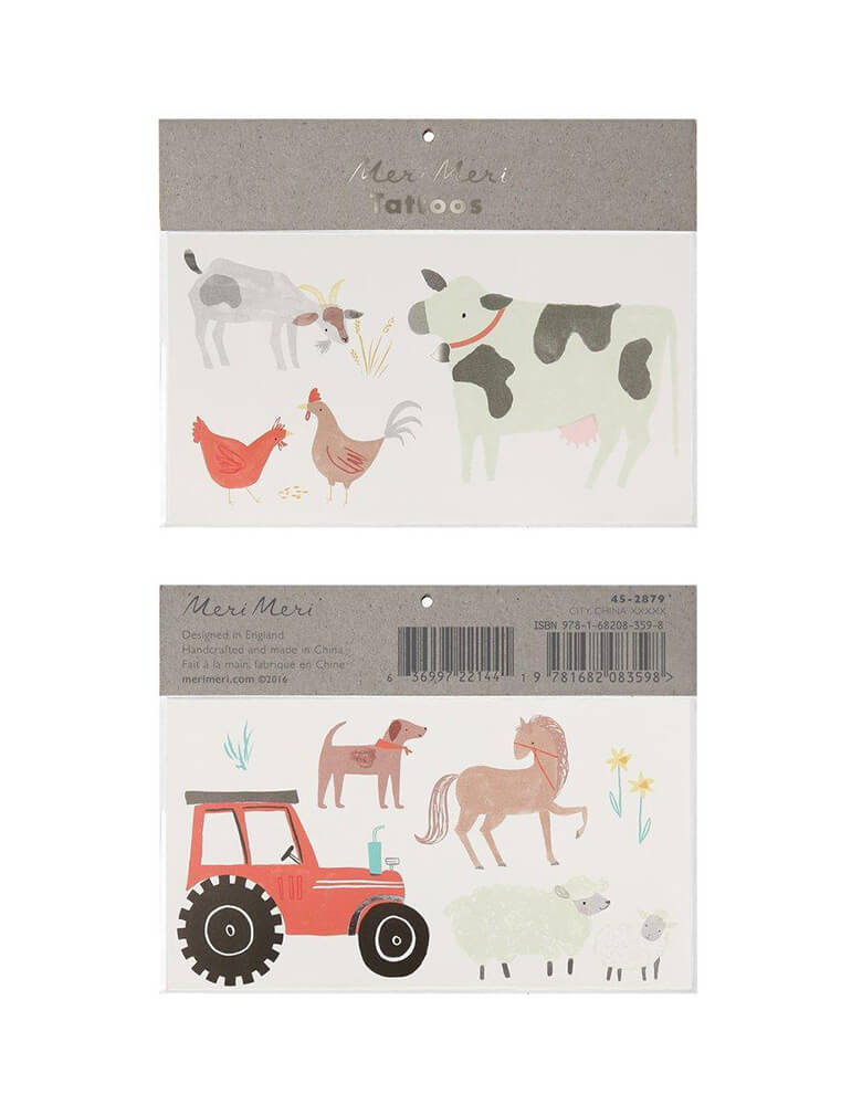 Meri Meri On The Farm Large Temporary Tattoos featuring farm animals including cows, chickens, sheep, horse, dog and a red tractor.