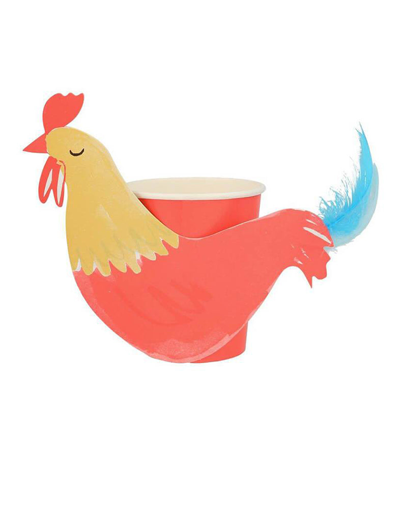 Meri Meri On The Farm Rooster Party Cups with a bright blue feather, pack of 8