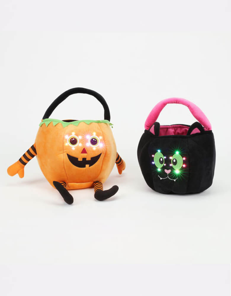 One Hundred and 80 Light Up Halloween Treat candy Bags in the options of orange pumpkin and black cat - With sewn in LED lights, they will be a hit at your kid's trick or treat activity this Halloween 