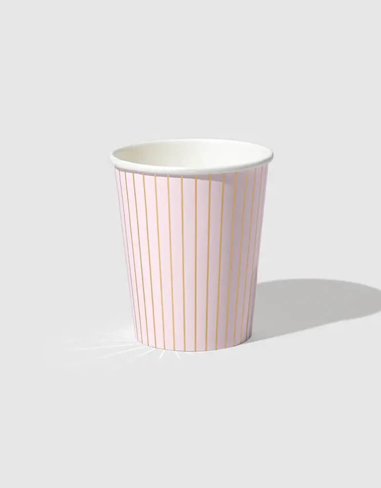 Momo Party's 9 oz Pale Pink Pinstripe Paper Party Cups by Coterie Party. Come in a set of 10 cups, these cups are made from pale pink that's thinly striped with gold for an upscale but uncomplicated vibe.