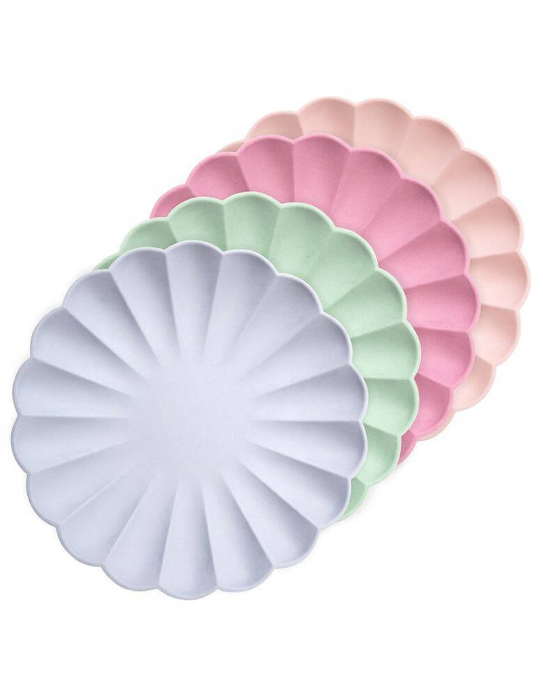 Stacked Meri Meri - Multicolor Simply Eco Small Plates in Pale Pink, Pale Mint, Pale Blue, and Deep pink 4 colors. These fabulous reusable plates are perfect for any special celebration, including baby showers, birthday parties and picnics. They are made using bamboo, a naturally renewable resource.