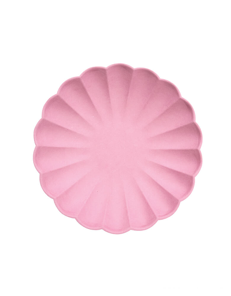 Meri Meri Deep Pink Simply Eco Small Plates. Pack of 8, made from natural materials. Crafted from pulp made from bamboo, wood fiber and sugarcane which is then dyed using water-based inks. They have a beautiful molded design with a stylish scalloped edge.