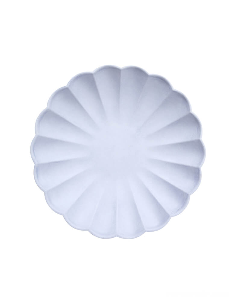 Meri Meri Pale Blue Simply Eco Small Plates. Pack of 8, made from natural materials. Crafted from pulp made from bamboo, wood fiber and sugarcane which is then dyed using water-based inks. They have a beautiful molded design with a stylish scalloped edge.